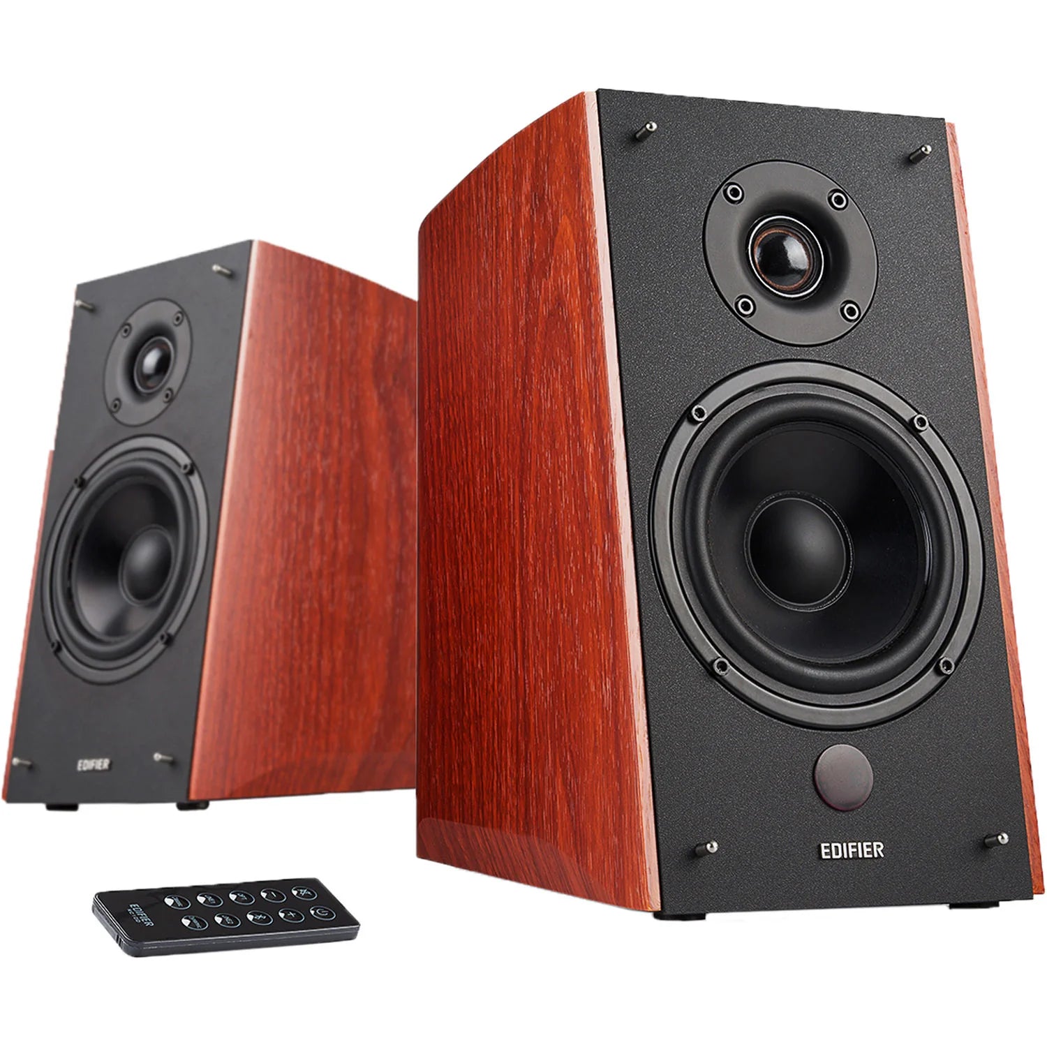 Edifier R2000DB active bookshelf speakers with wood finish and control knobs, designed for high-quality audio.