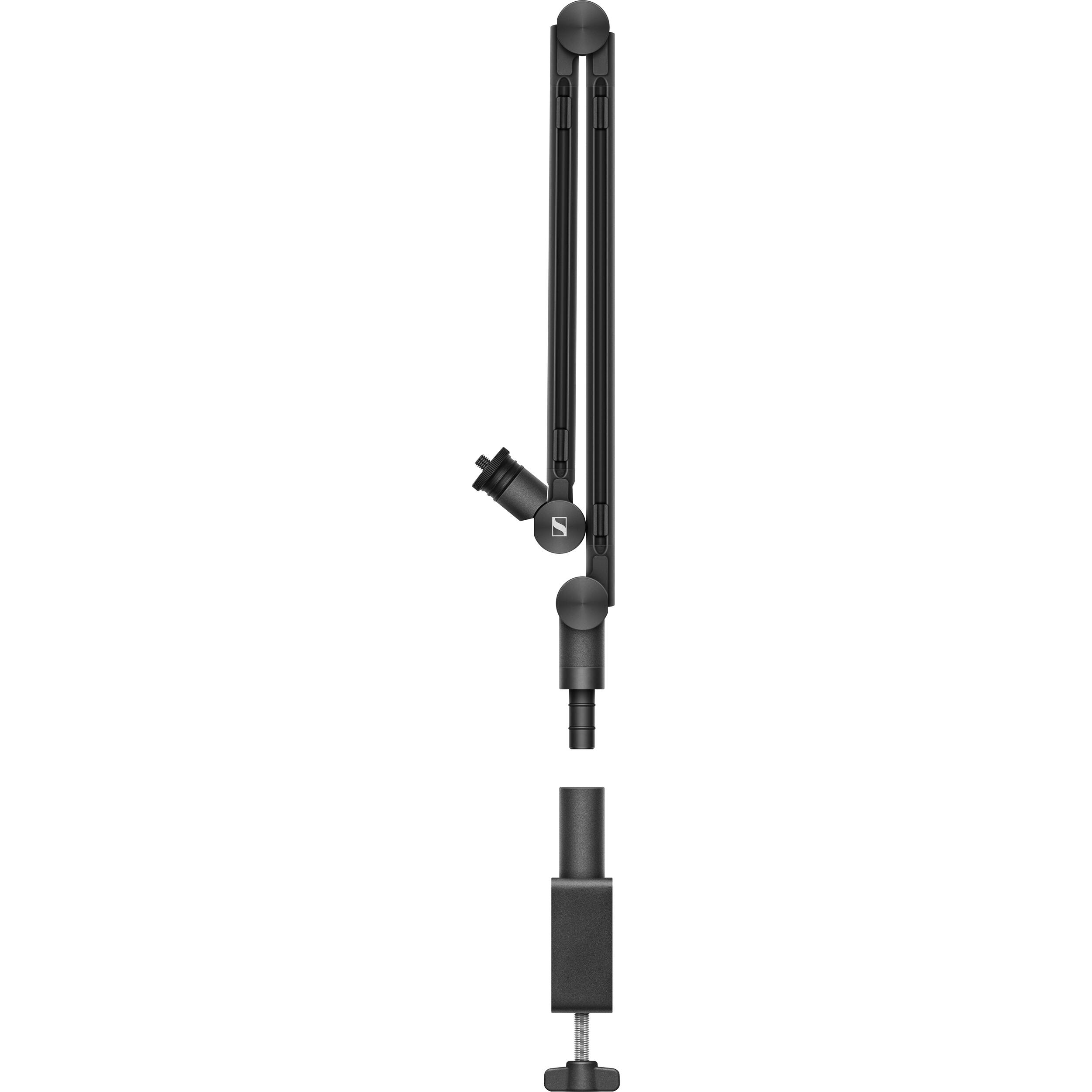 Sennheiser broadcast microphone boom arm with adjustable metal stand and flexible arm for professional audio setup.