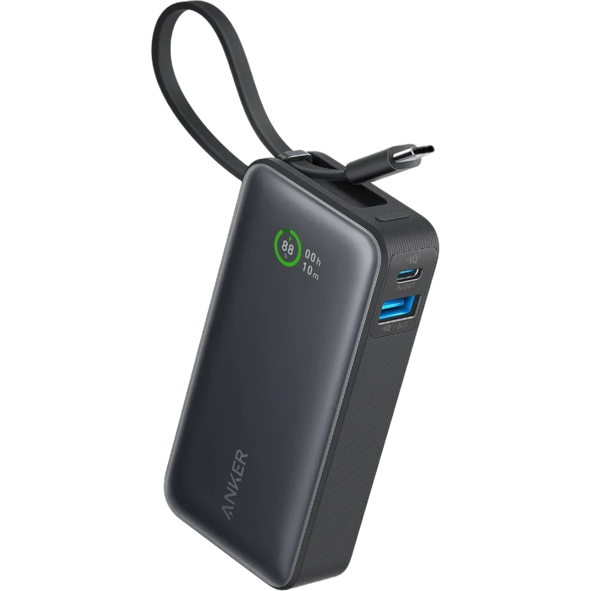 Anker Nano 10K power bank with built-in USB-C cable in black, portable mobile charging device for smartphones and gadgets.