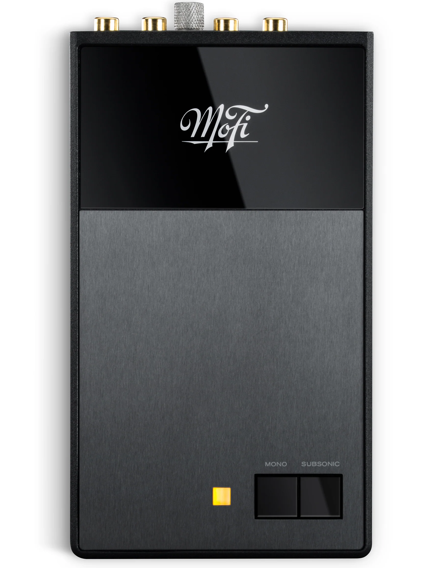 MoFi Electronics StudioPhono phono preamp with knobs and input jacks on top, compact audio equipment for vinyl record playback.
