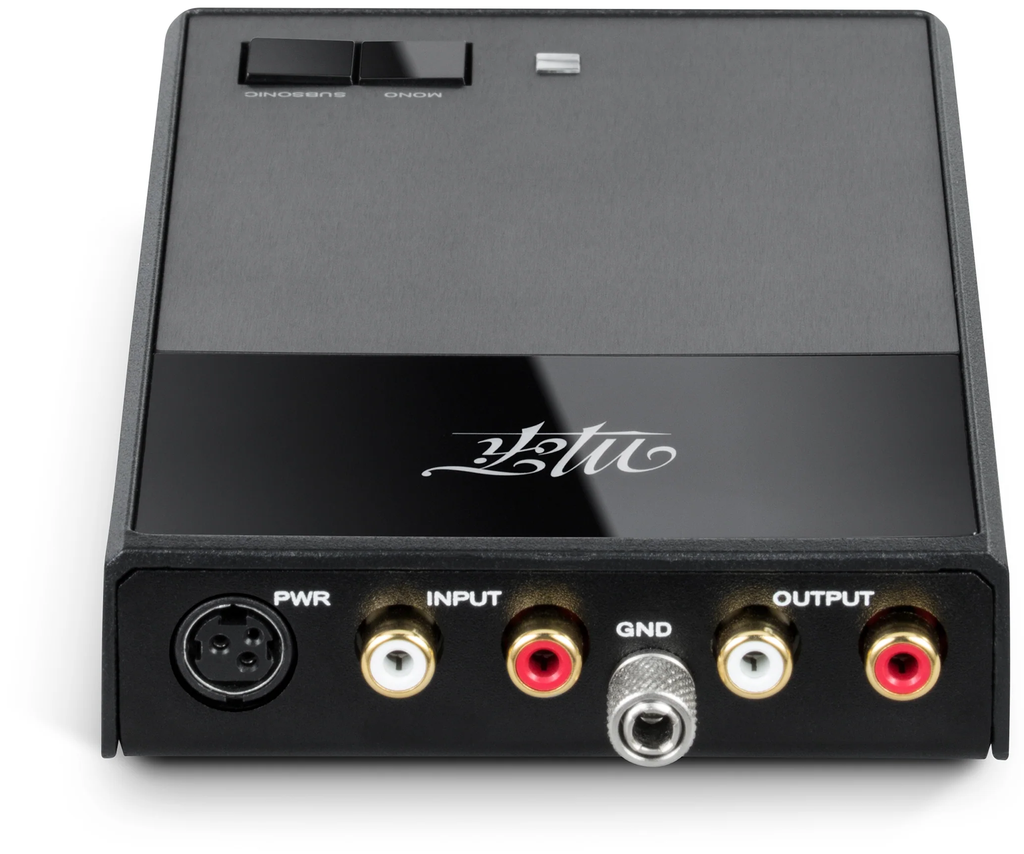 MoFi Electronics StudioPhono phono preamp with input and output connections, rear view showing controls and ports.