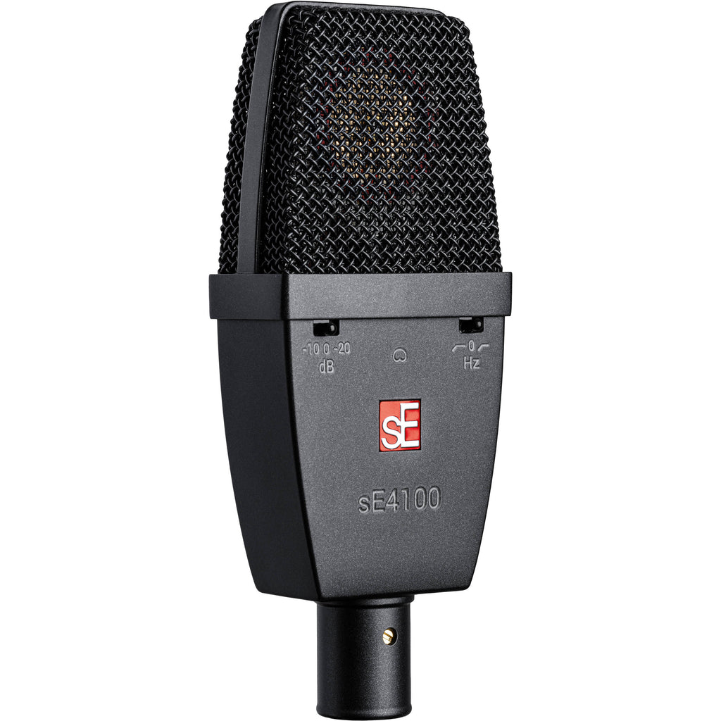 SE Electronics sE4100 condenser microphone with metal grille and sleek black body, designed for studio recording.
