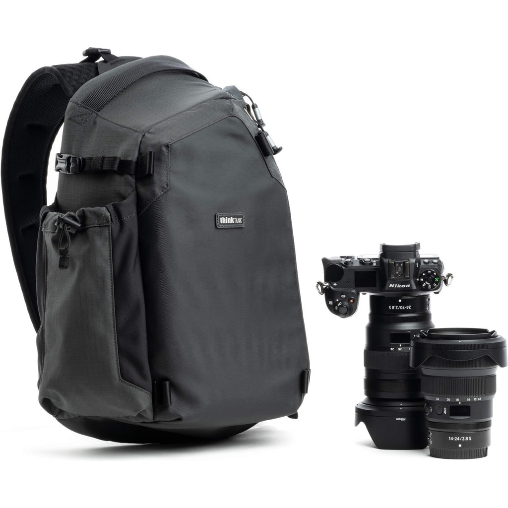 Think Tank MindShift PhotoCross Sling V2 in black, a compact video equipment bag with multiple compartments for gear storage.