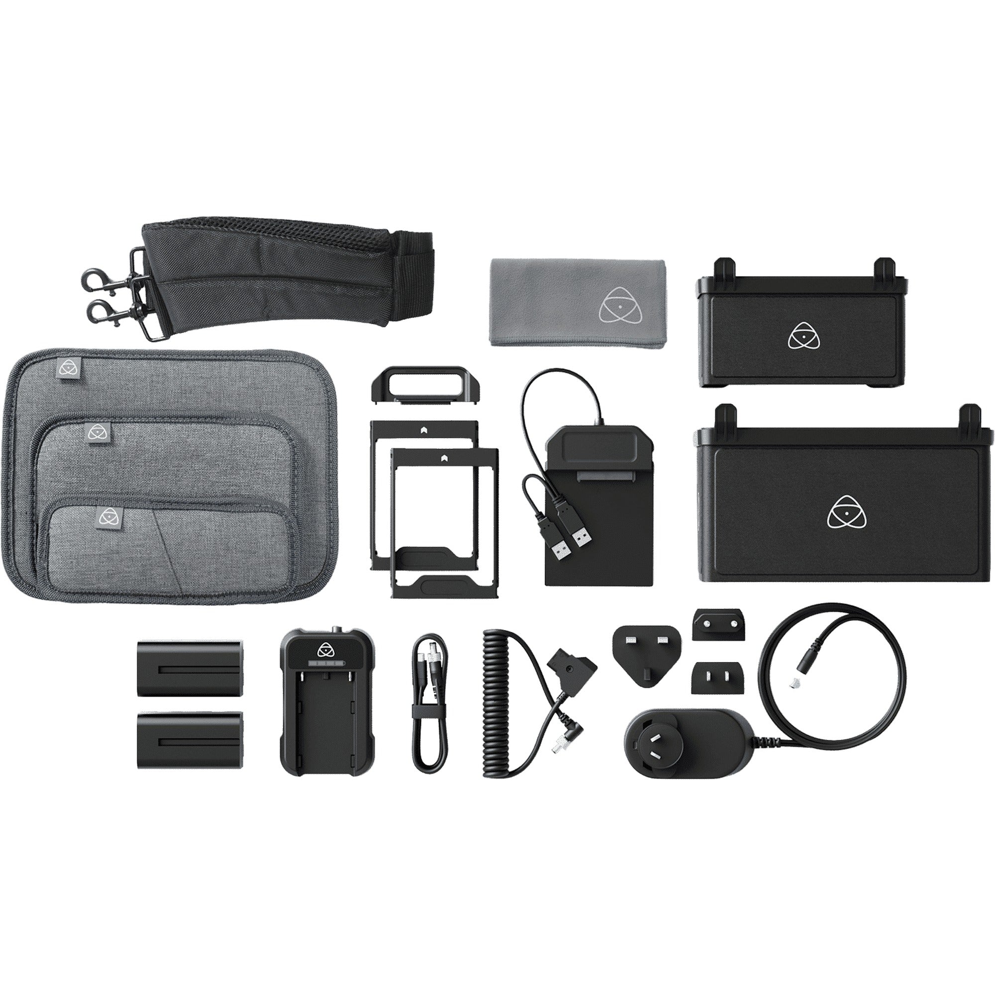 Atomos Universal Accessory Kit for video accessories, includes various mounts and cables, displayed on a white background.