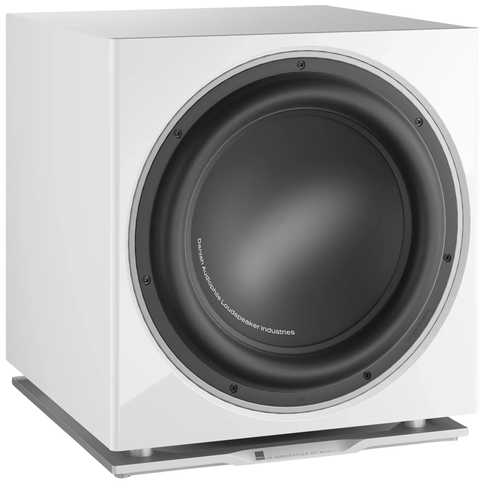 DALI Sub K-14 F subwoofer with sleek black enclosure and 14-inch driver for deep bass sound.