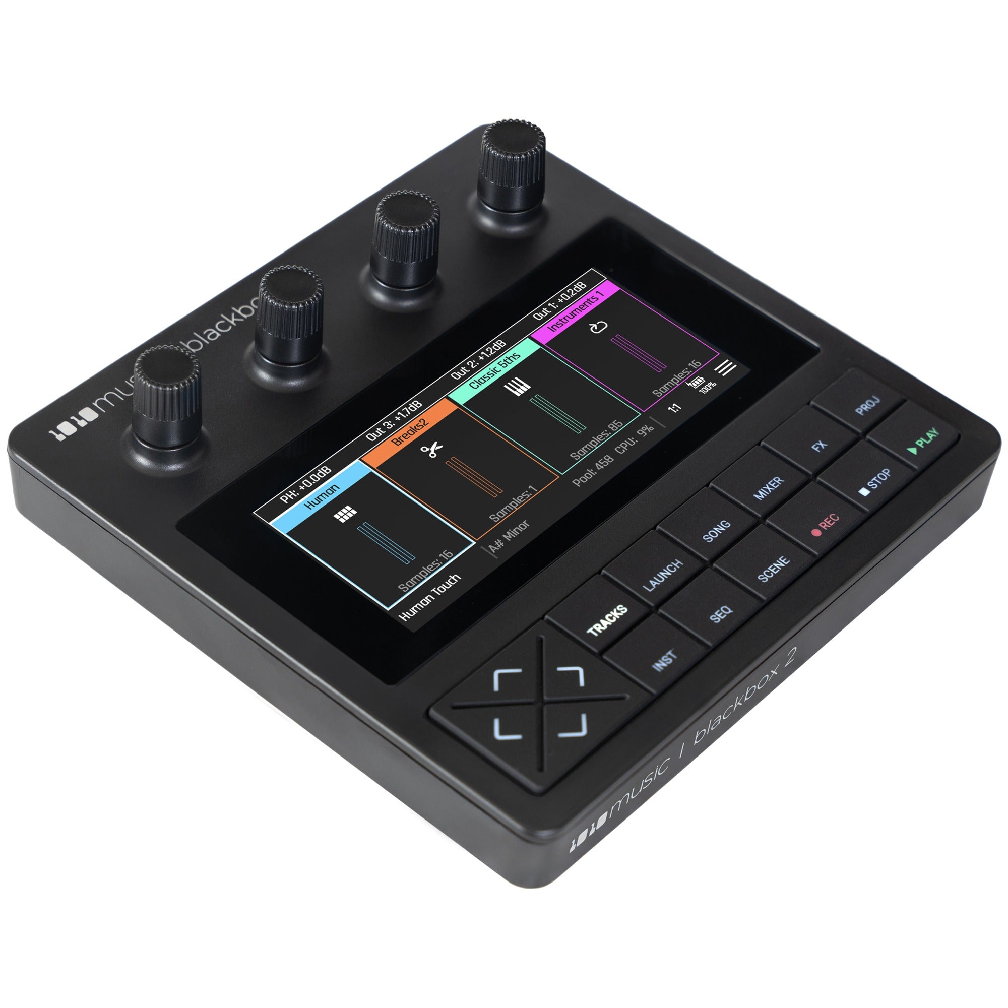 Blackbox 2 by 1010music, a compact drum machine and sampler with control knobs and a digital display for music production.