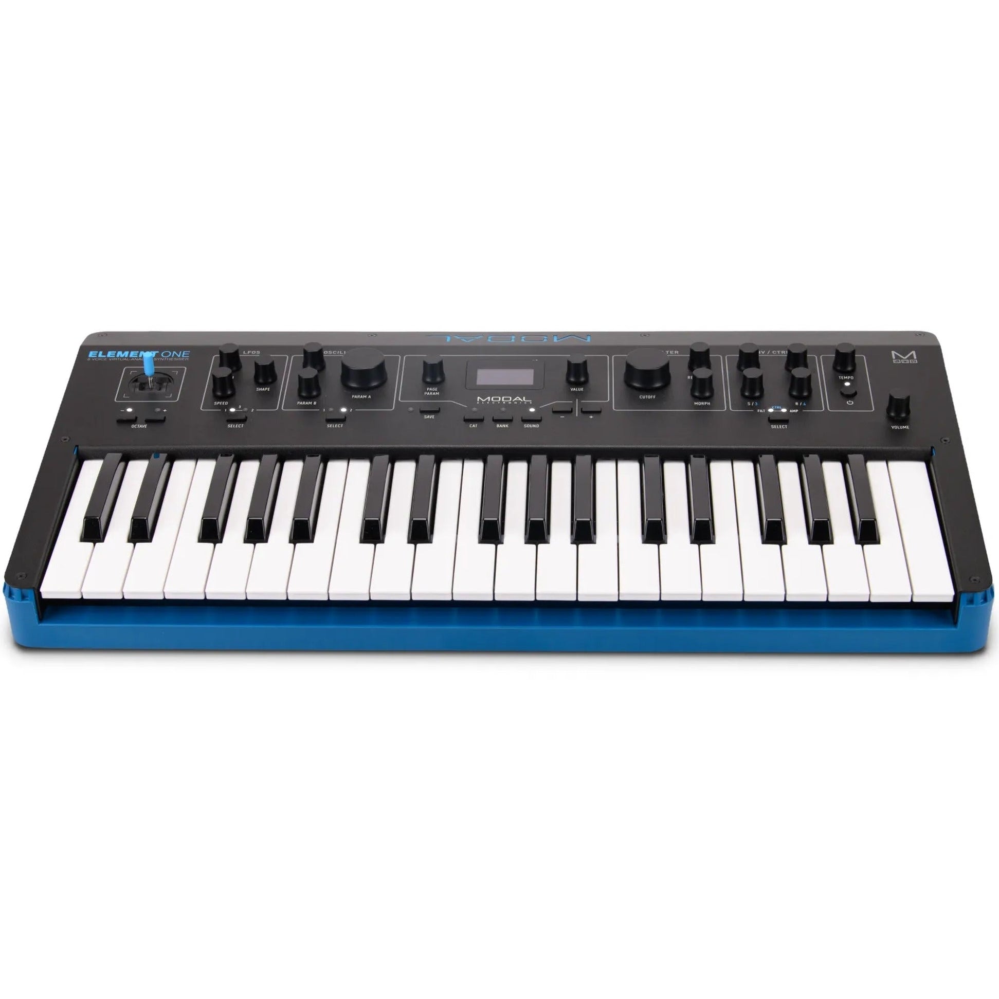 Modal Electronics Element One keyboard synthesizer with black keys and control knobs, showcasing its compact electronic music instrument.