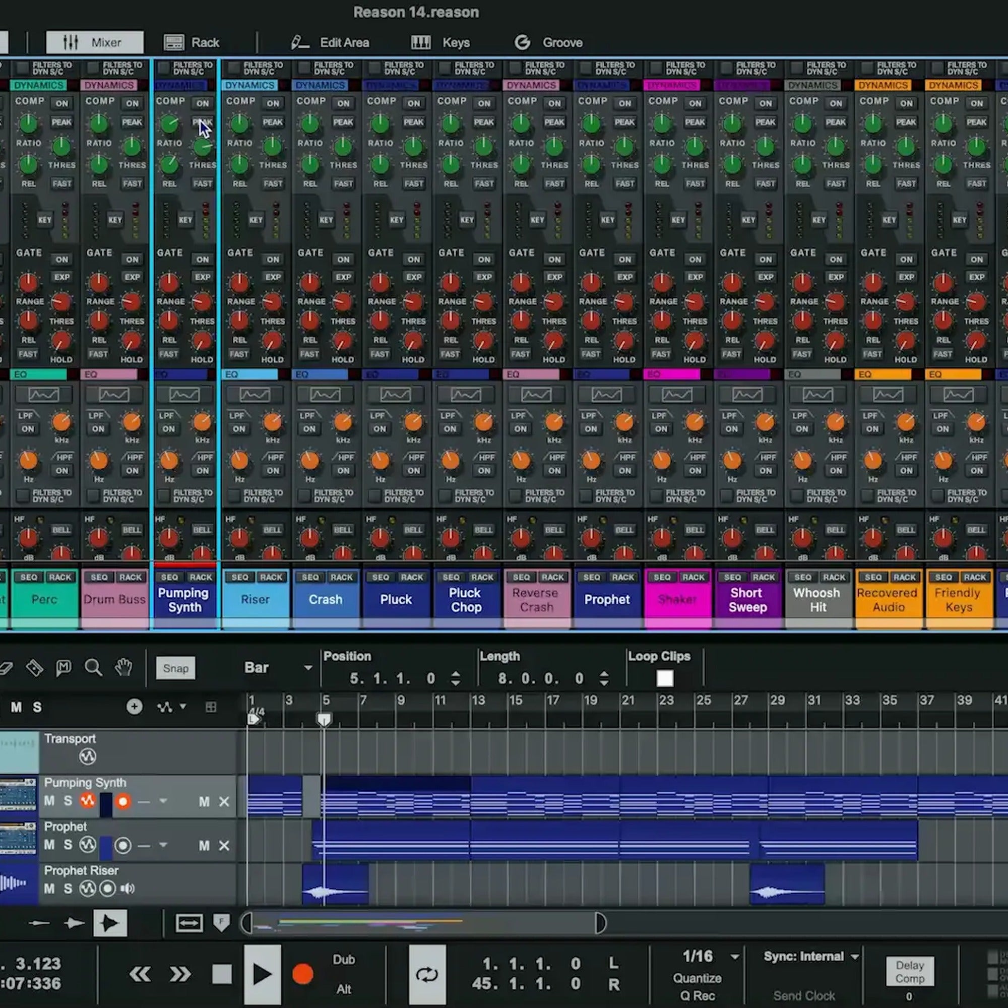 Dark mode interface of Reason Studios Reason 14 music production software displayed on screen with various digital audio workstation features.