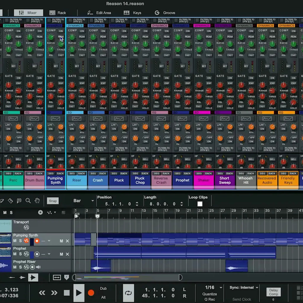 Reason Studios Reason 14 music production software interface in dark mode, showing advanced digital audio workstation features.
