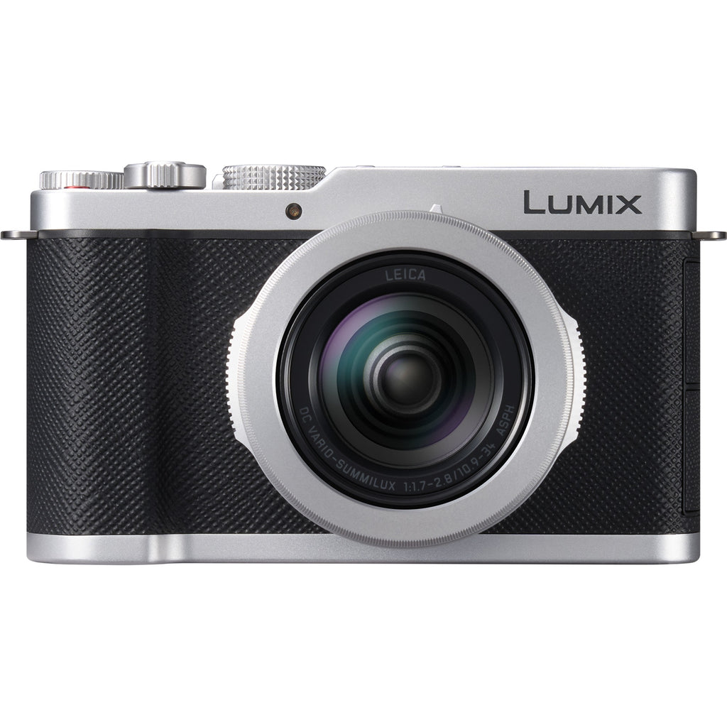 Front view of Panasonic Lumix L10 video camera showing lens, controls, and compact design.