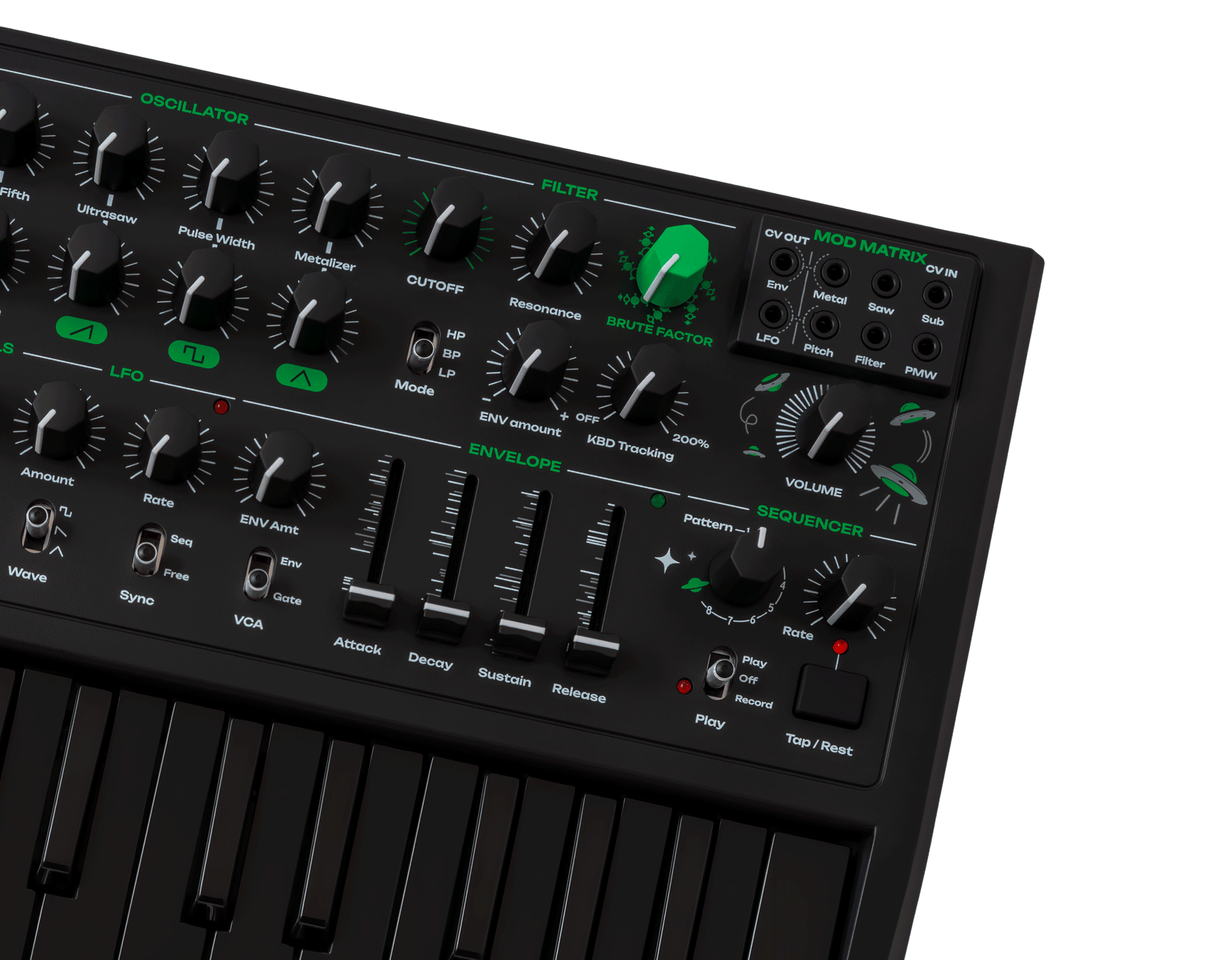 Arturia MicroBrute UFO keyboard synthesizer with compact design and various control knobs, ideal for music production.