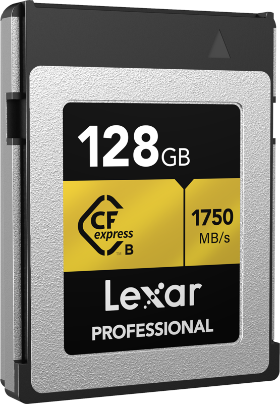 Lexar CFexpress Pro Gold memory card with R1750/W1500 read/write speeds, detailed close-up of the high-performance accessory.