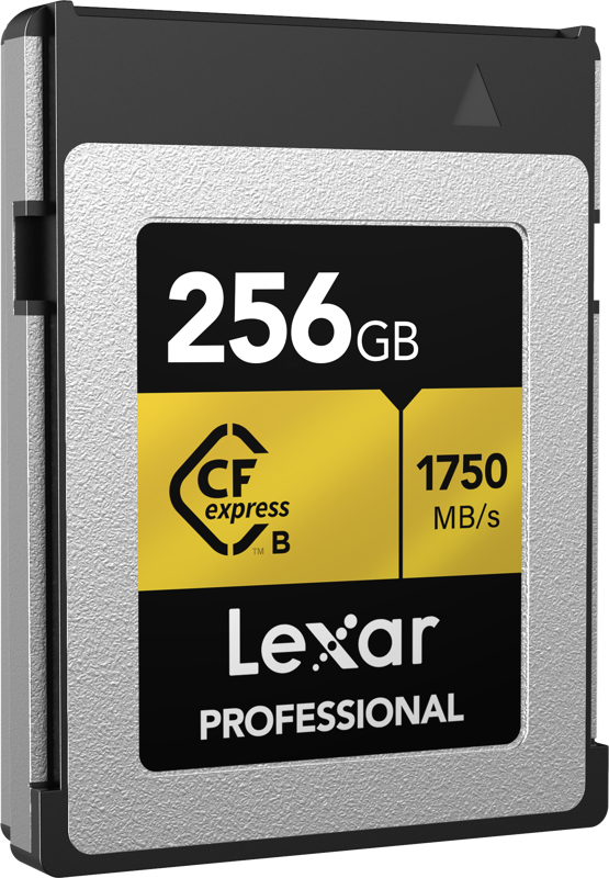 Lexar CFexpress Pro Gold R1750/W1500 memory card, high-performance storage accessory with gold branding and detailed labeling.