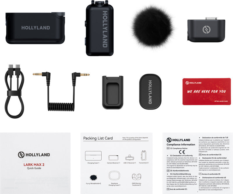 Hollyland Lark Max 2 Solo creator wireless microphone system with compact transmitters and receiver for high-quality audio.