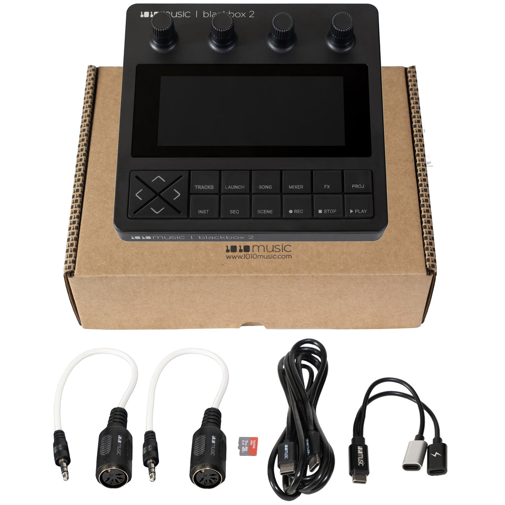 Blackbox 2 drum machine and sampler by 1010music with buttons, knobs, and a display screen on a black and gray interface.