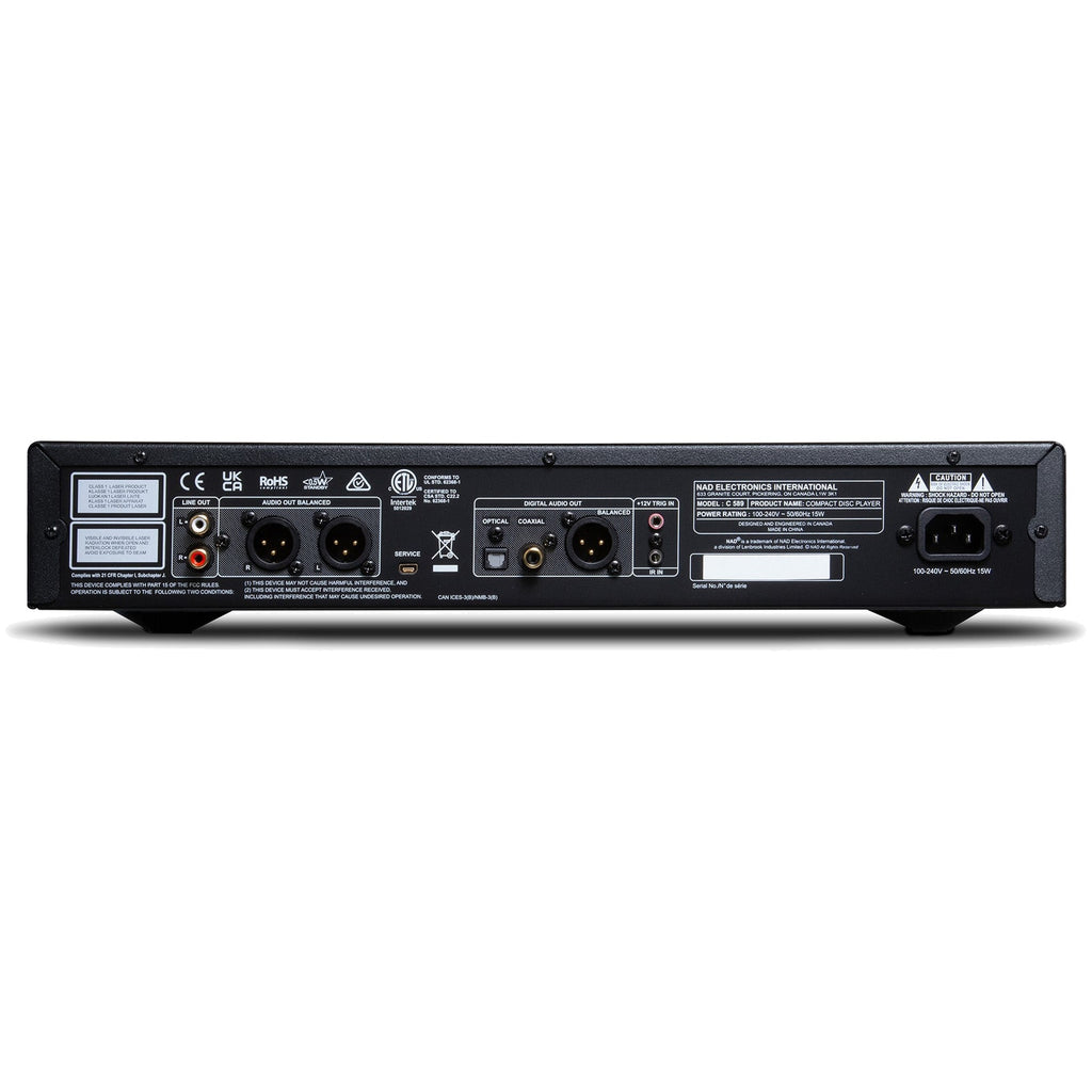 Rear view of NAD C 589 CD player showing input/output ports and sleek black design.