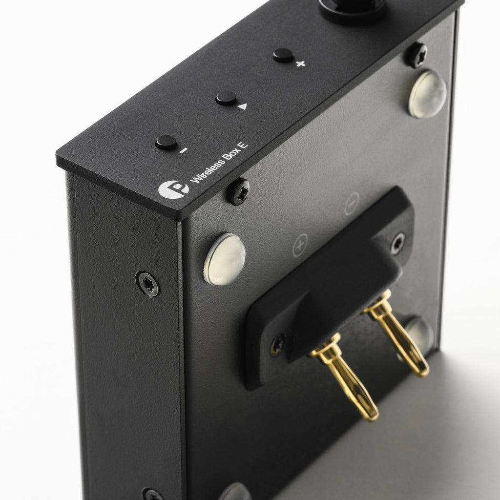 Pro-Ject Wireless Box E Bluetooth and Wi-Fi audio receiver with detailed view of its compact design and connectivity ports.