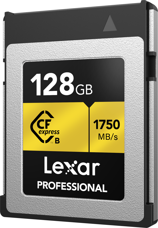 Lexar CFexpress Pro Gold memory card with R1750/W1500 speed ratings, showing the gold-colored card and branding.