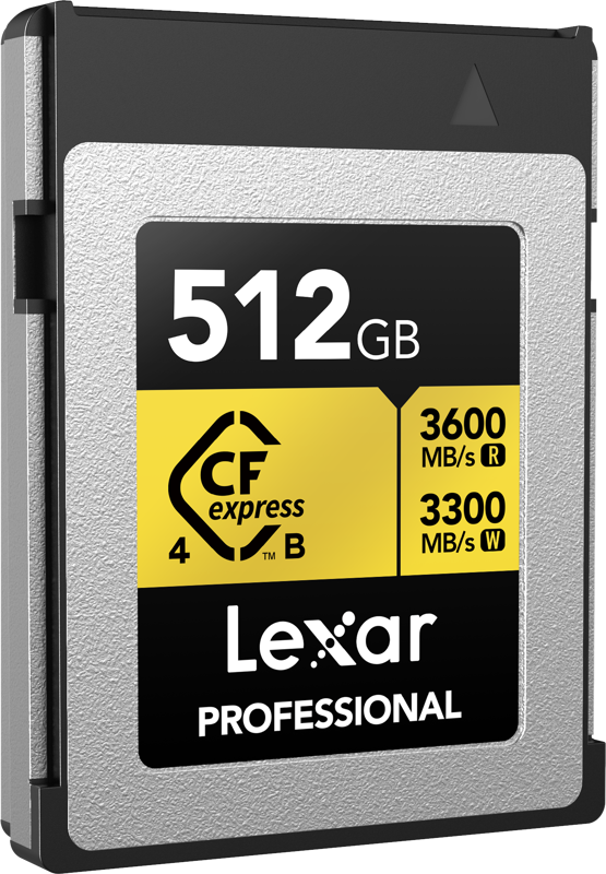 Lexar CFexpress 4.0 Pro Gold memory card showing R3600/W3300 read/write speeds, durable design, and branding details.