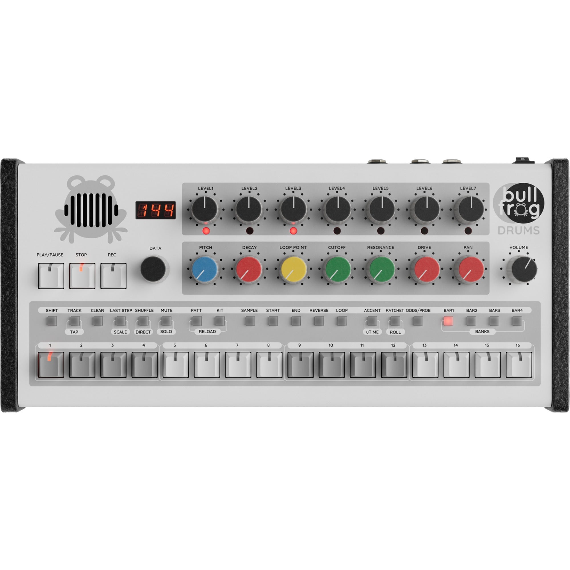 Top view of Erica Synths Bullfrog Drums drum machine, showing knobs, buttons, and control panel for sound creation.