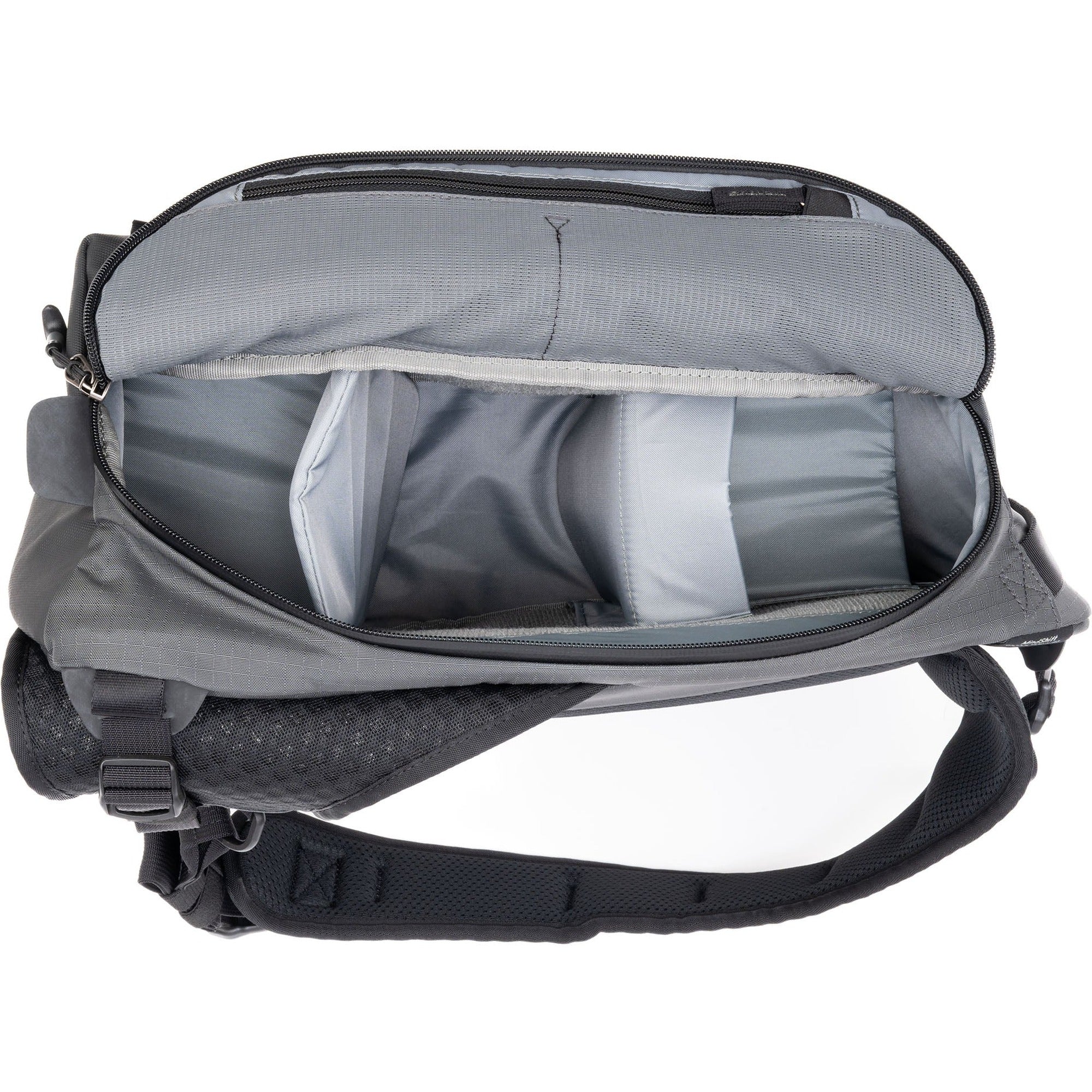 Empty Think Tank MindShift PhotoCross Sling V2 video equipment bag with multiple compartments for cameras and accessories.