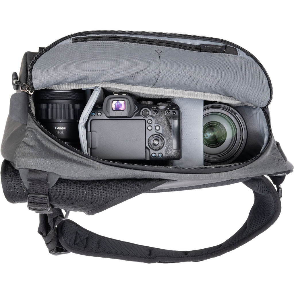 Canon R5 camera inside the Think Tank MindShift PhotoCross Sling V2 camera bag, designed for video equipment and gear protection.
