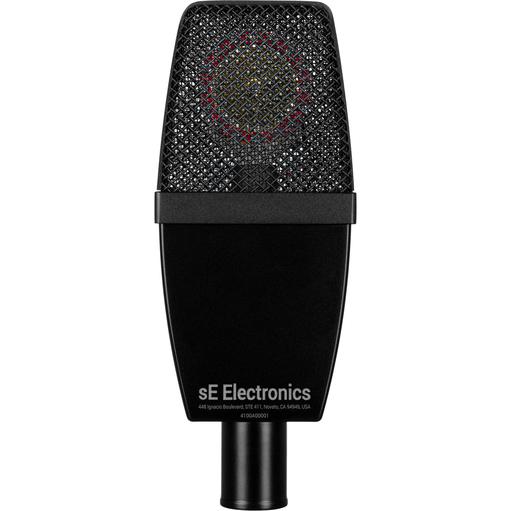sE Electronics sE4100 condenser microphone with black body and silver grille, placed on a stand, ready for professional audio recording