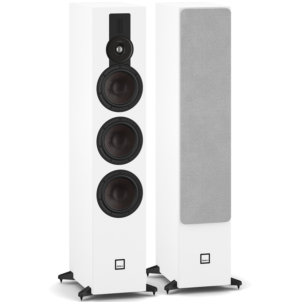 DALI Sonik 9 passive floorstanding speakers shown from the front with sleek black cabinets and driver components visible
