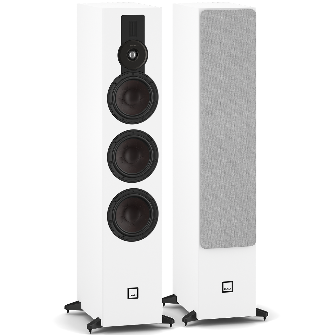 DALI Sonik 9 passive floorstanding speakers shown from the front with sleek black cabinets and driver components visible