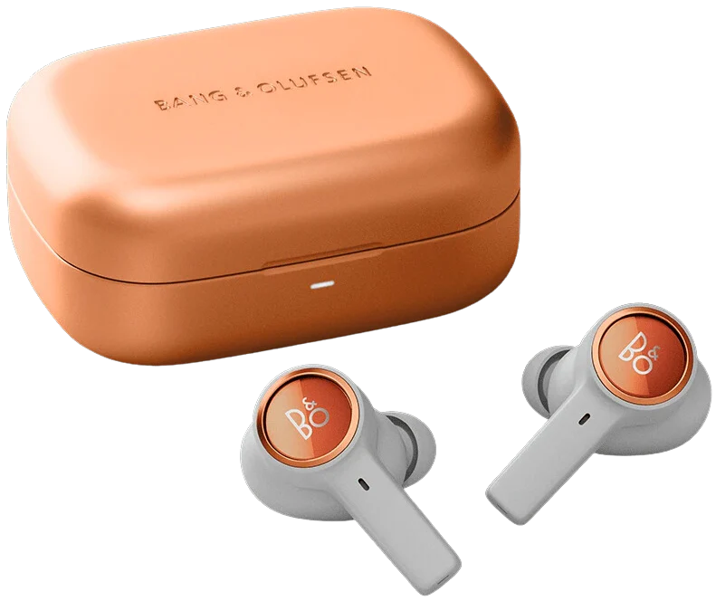 Wireless in-ear headphones by Bang & Olufsen Beoplay Eleven with sleek design and compact charging case.