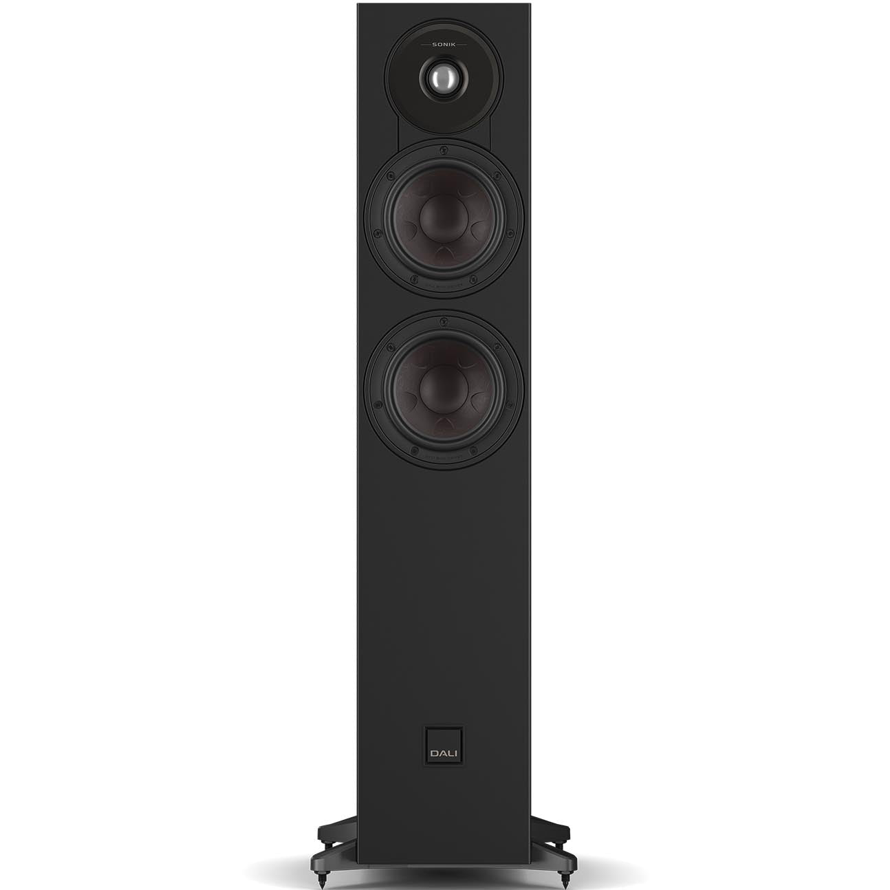 DALI Sonik 5 passive floorstanding speakers with sleek black cabinets and multiple drivers for high-quality sound.