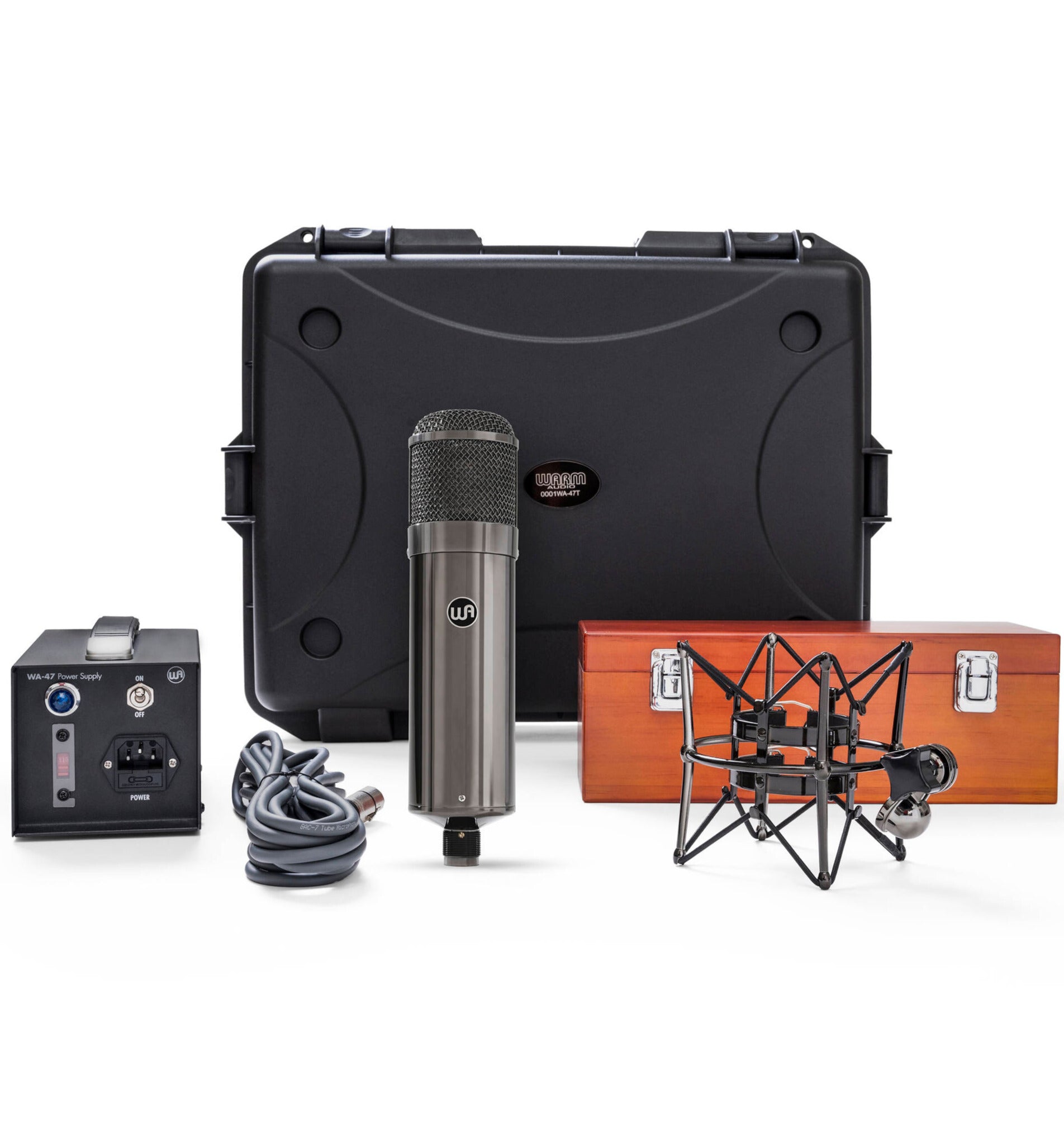 Warm Audio WA-47T condenser microphone shown with black body and vintage-style grille, ideal for studio recording.
