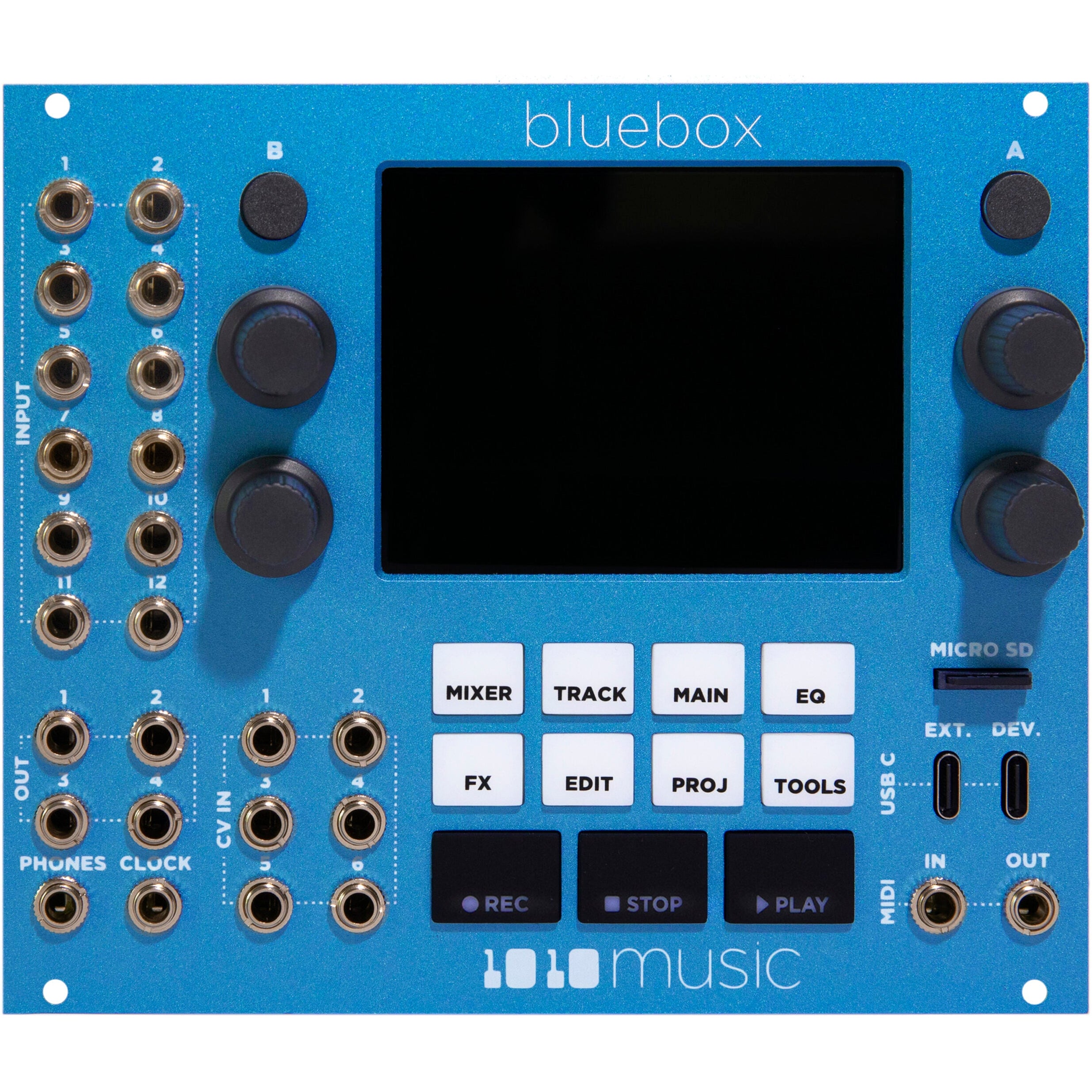 Bluebox Eurorack synthesizer module by 1010music featuring colorful knobs and jacks for modular sound design.