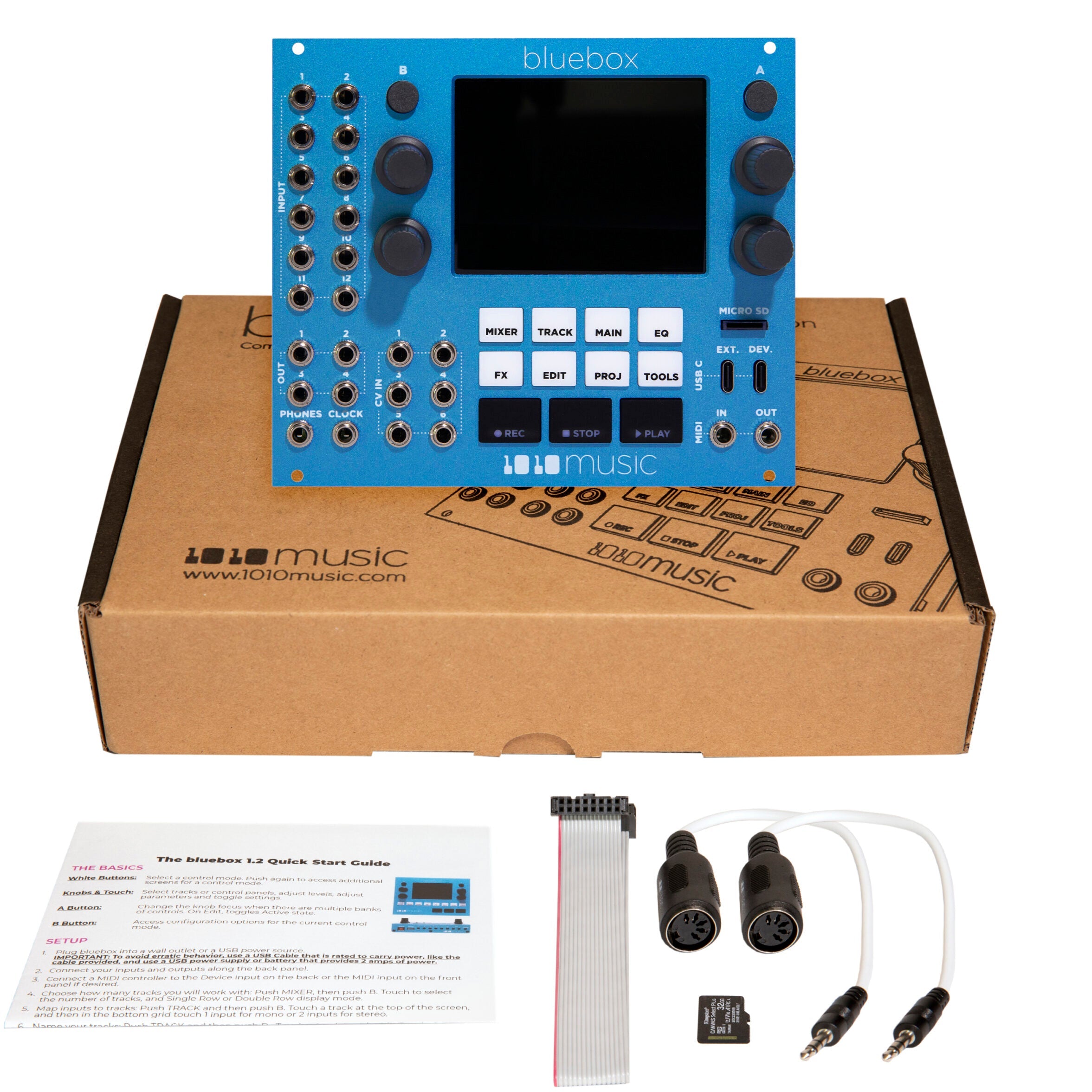 1010music Bluebox Eurorack modular synthesizer with knobs and input/output ports, compact semi-modular synth for music production