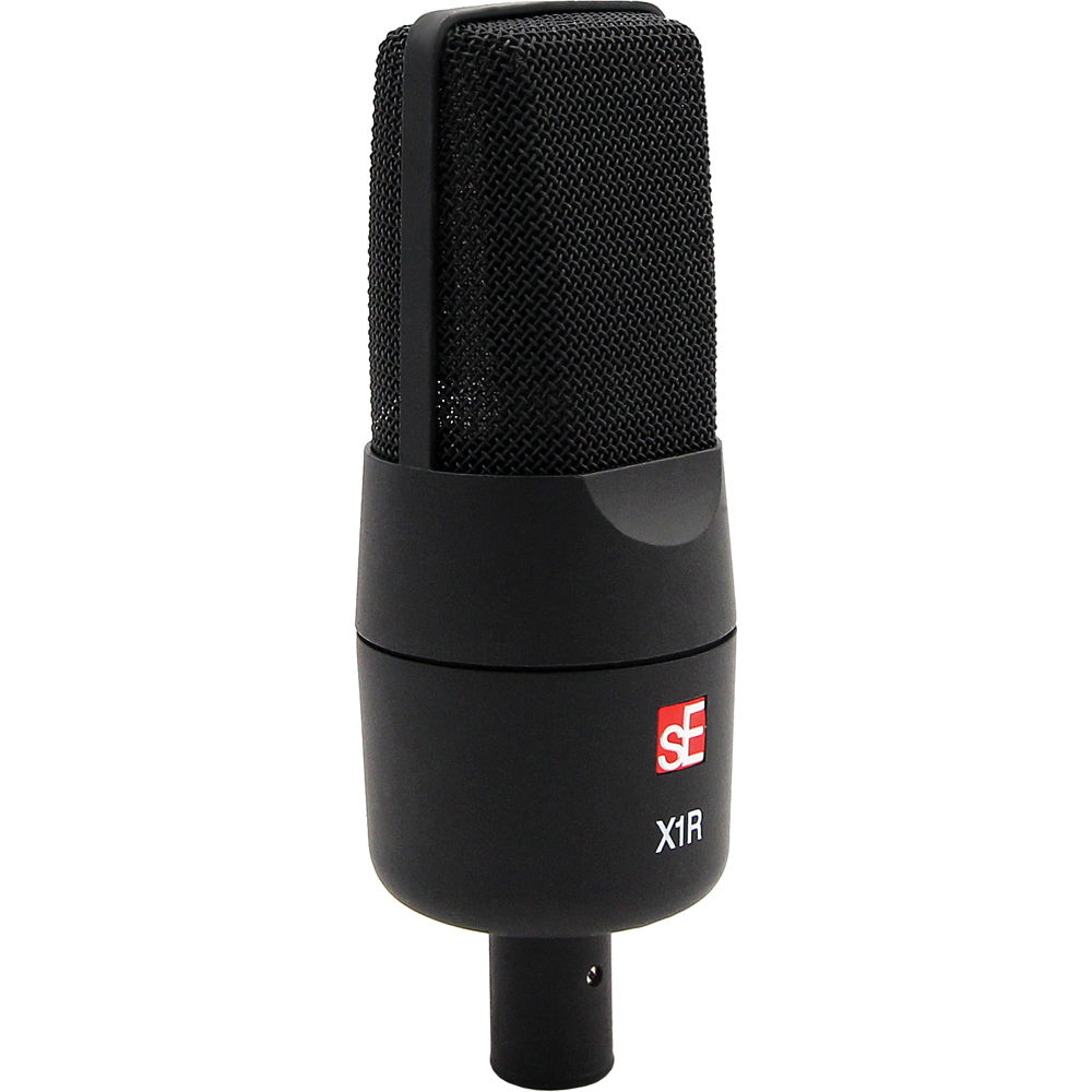 sE Electronics X1 R ribbon microphone mounted on a stand, showing its sleek design and professional audio equipment features.