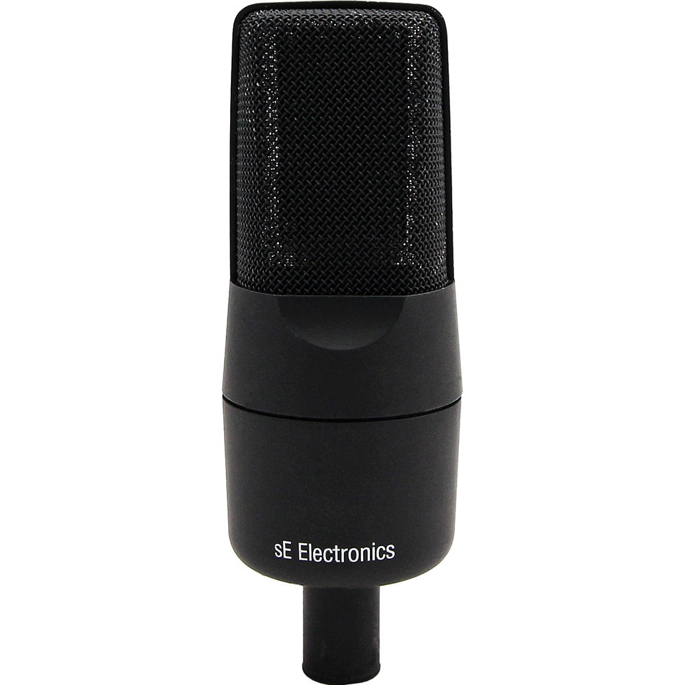 sE Electronics X1 R ribbon microphone with vintage design and XLR connection, shown on a stand against a neutral background.