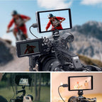 Feelworld P6XL 6-inch camera field monitor showing a bright display with control buttons and mounting options for video monitoring.
