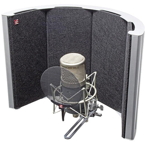 SE Electronics Reflexion Filter Space for vocal recording, showing the portable reflection filter with adjustable mount and sound absorption material.