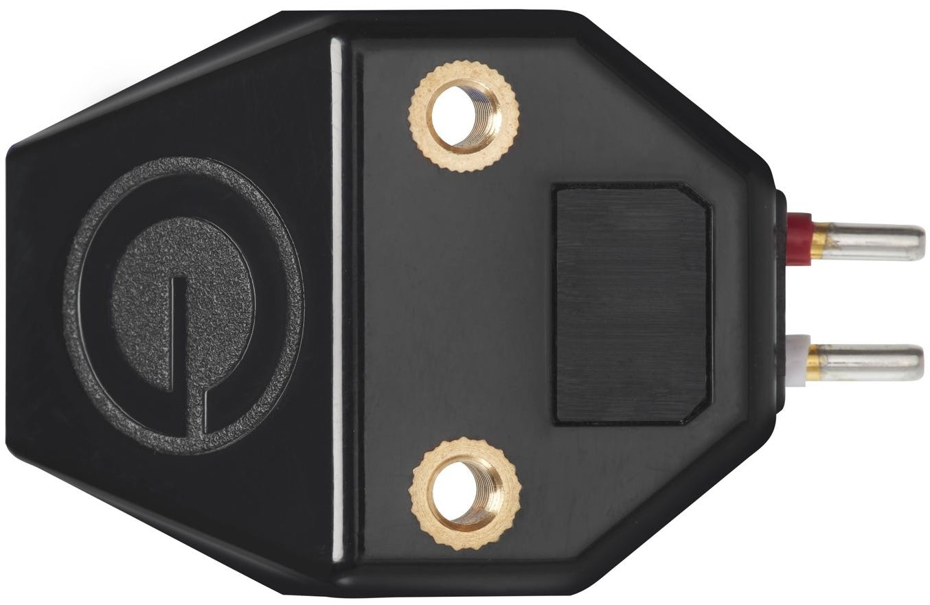 Goldring E4 turntable cartridge mounted on a turntable, showcasing its gold-colored stylus and cartridge body for high-quality vinyl playback.