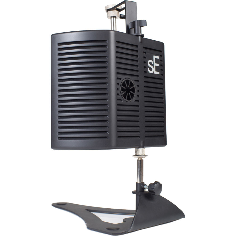 SE Electronics guitaRF reflection filter for guitar recording, shown mounted on a stand with the filter's mesh surface visible.