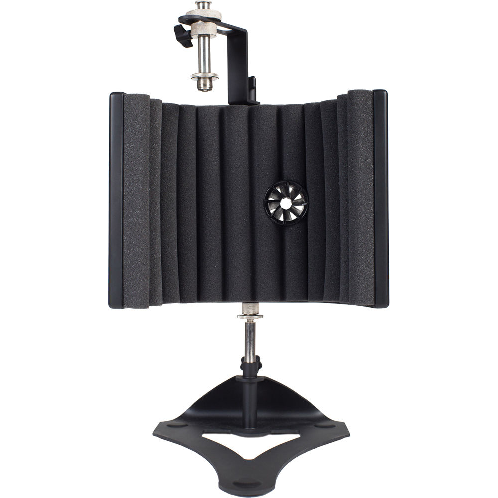 SE Electronics guitaRF reflection filter for guitar recording, showing the adjustable acoustic shield in a studio setup.
