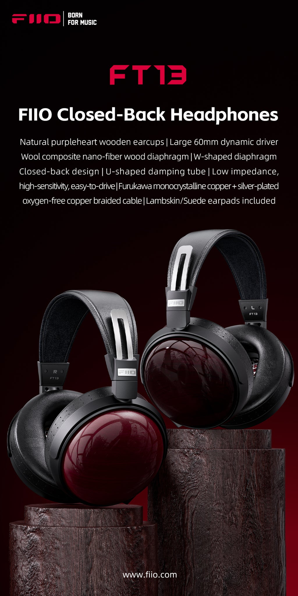 FiiO FT13 Natural purpleheart headphones — official FiiO press image showing both Natural and Black colorways.