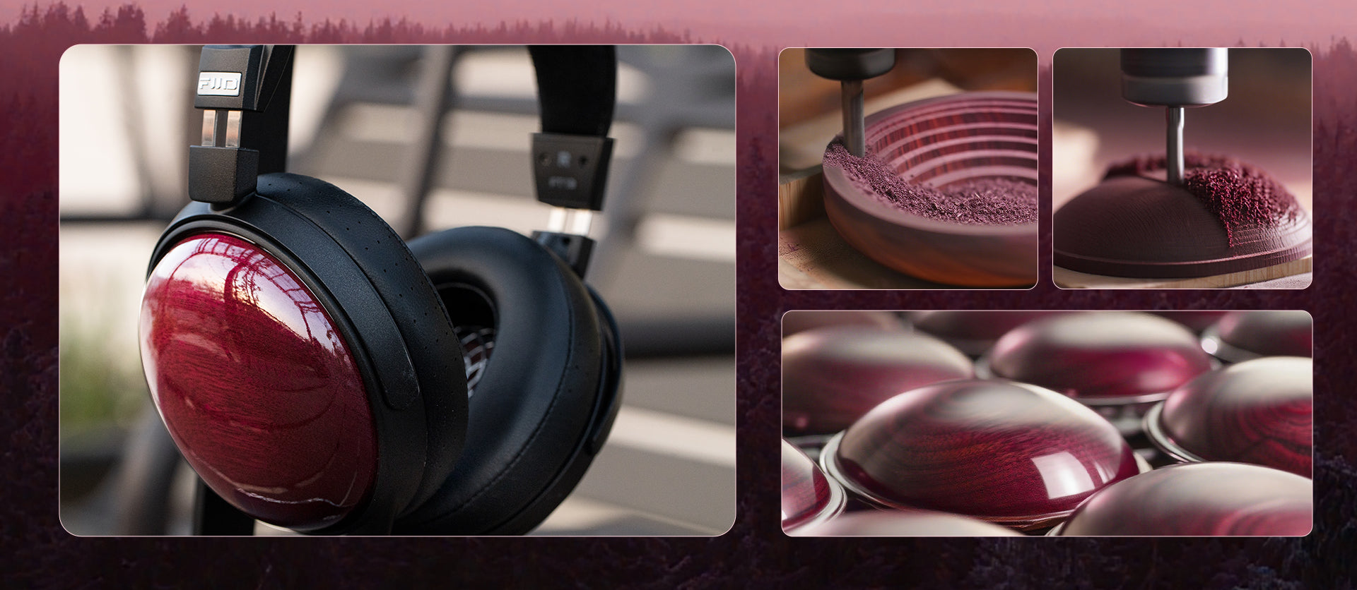 FiiO FT13 Natural purpleheart wooden earcups close-up, showing rich grain and CNC-machined shell detail.