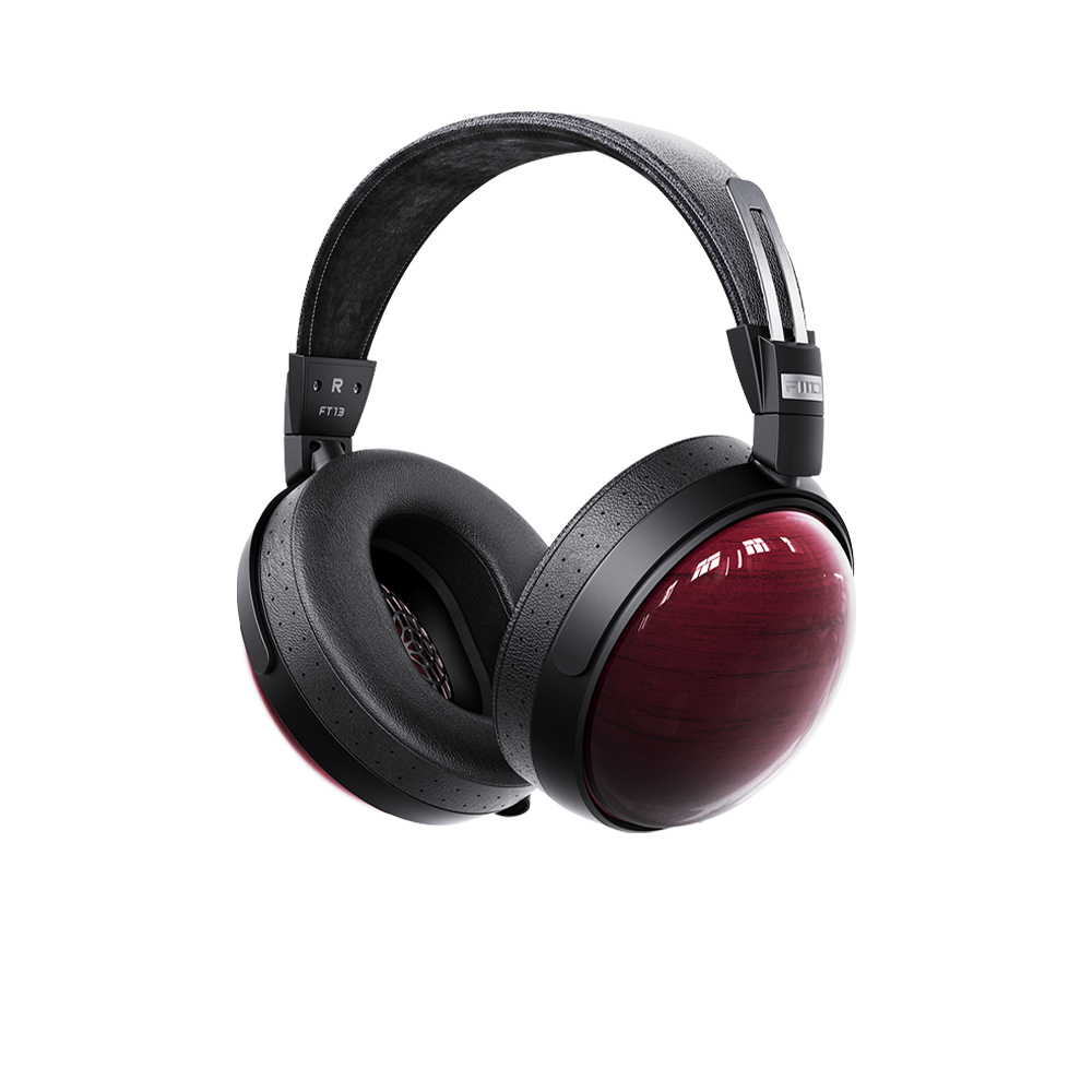 FiiO FT13 closed-back headphones with natural purpleheart wooden earcups, white background product shot.