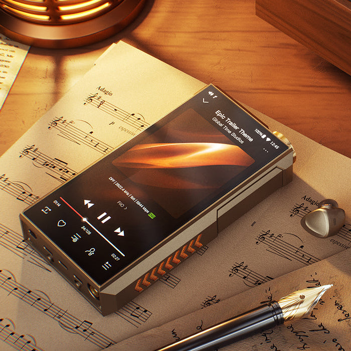FiiO M27 portable music player with digital display, black body, and control buttons on the front, designed for high-quality audio.