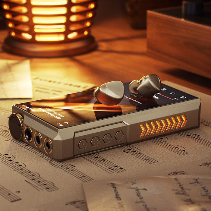 FiiO M27 portable music player with sleek black design and touchscreen display, showing playback controls and interface.