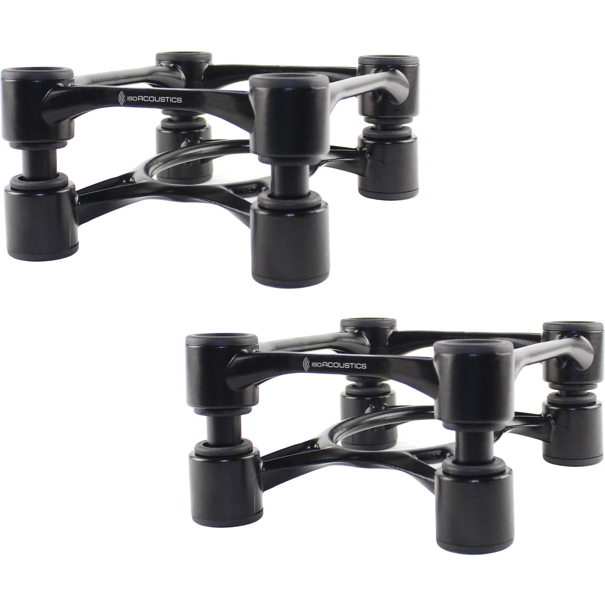 IsoAcoustics Aperta studio monitor stands with sleek design, supporting speakers for improved acoustic performance.