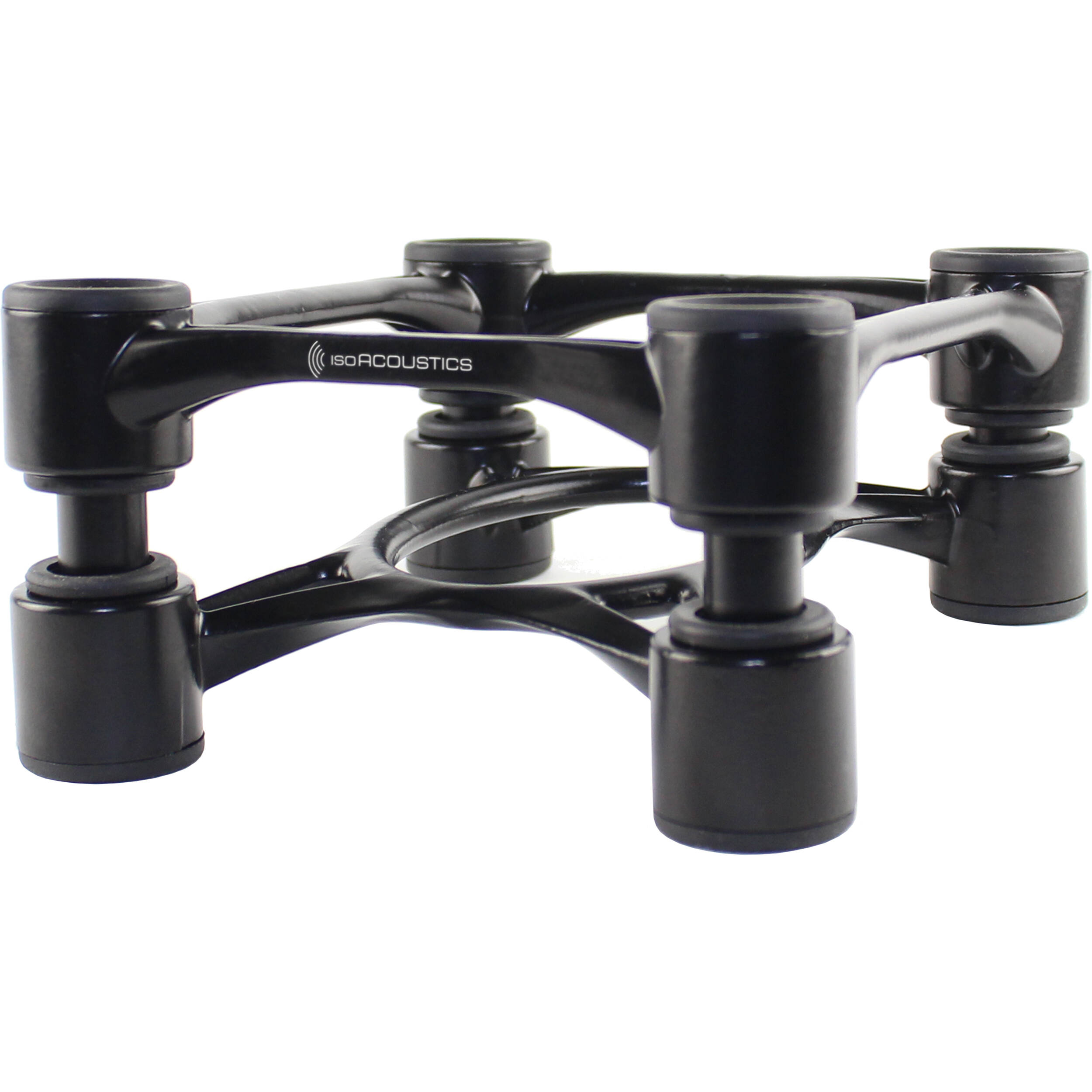 IsoAcoustics Aperta studio monitor stands with sleek black design, supporting speakers for optimal audio performance.