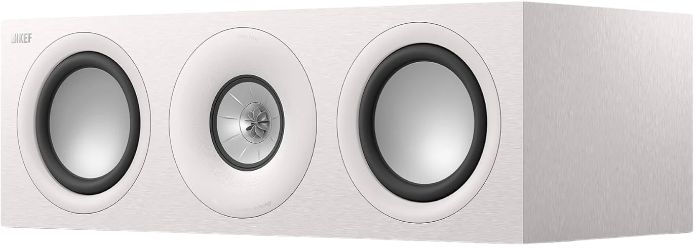 KEF Q6 Meta center speaker showing black speaker grille and sleek design for home audio systems