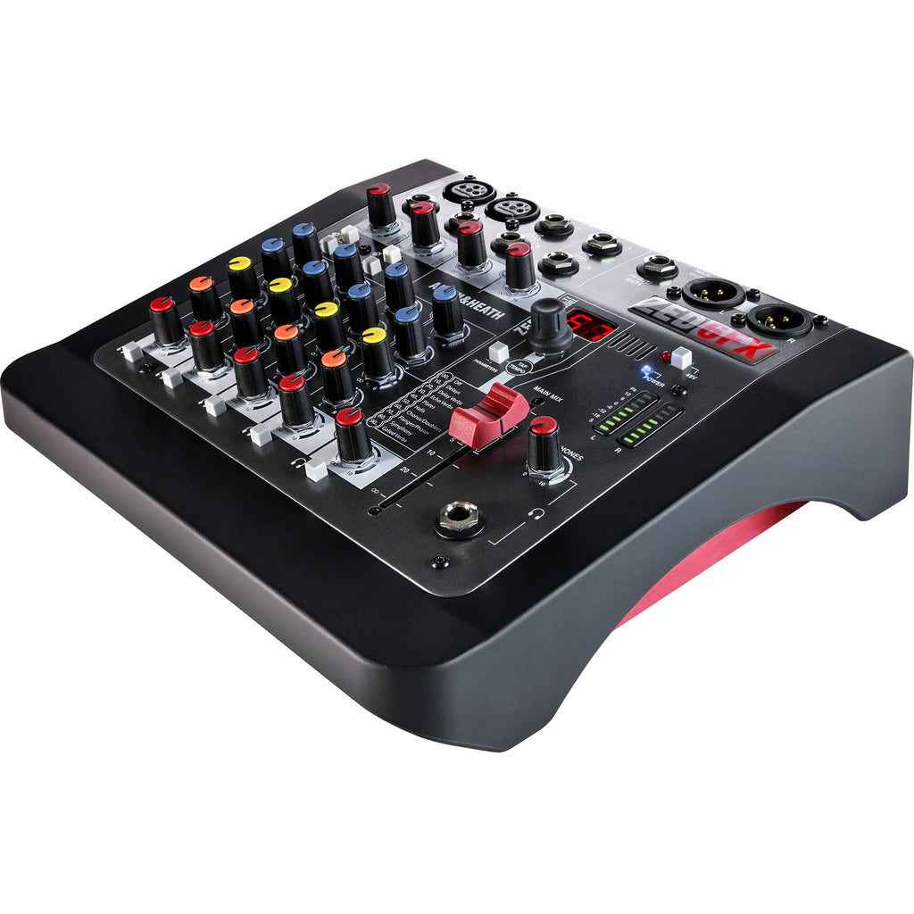 Allen & Heath ZED-6FX analog mixer with multiple input channels, EQ controls, and built-in effects for live sound and recording.